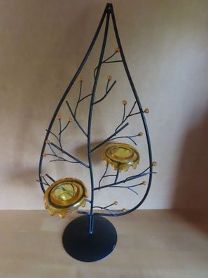 Teelichthalter Votivkerzenhalter Blatt Metall mit zwei orangenen Gläsern / ca.48 cm H