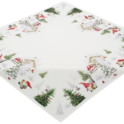 Tischdecke Weihnachten 85x85 Wichtel Schnee Weihnachtsdecke Pflegeleicht Mitteldecke