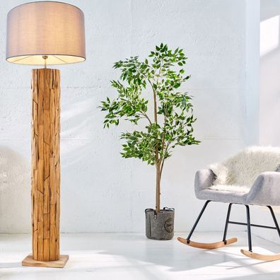 cagü Handgefertigt Design Stehlampe SABAH Grau Rund Leinenschirm Teak-Treibholz 160cm