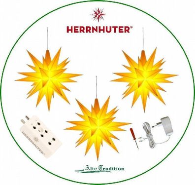 Herrnhuter Stern deluxe 3er Set mit Verteiler inkl. Netzteil 13 cm Stern gelb