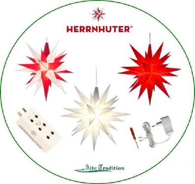 Herrnhuter Stern deluxe 3er Set mit Verteiler , Netzteil 13 cm rot-weiß, weiß, rot