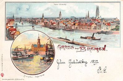 Gruss aus Bremen Freihafen - Hafenhaus Litho Postkarte 1897