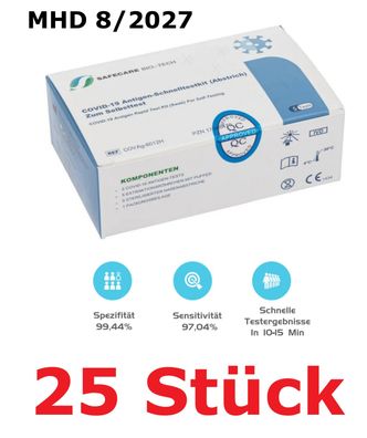 25 Stück Safecare Corona Schnelltest Selbsttest COVID-19 Antigen Test Laien MHD 8/27