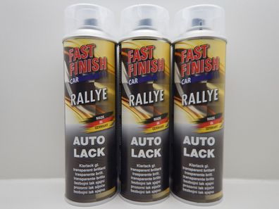 3x FAST FINISH CAR RALLYE Transparent Klarlack Glänzend KFZ Lackspray 500ml