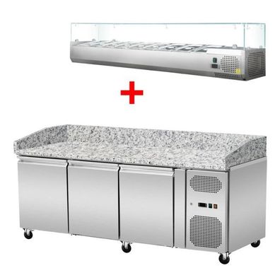 Pizza Kühltisch, Granit rosa-grau, 3 Türen, 203 x 80 Kühlaufsatz GN13 mit Glas