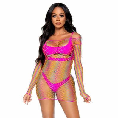 LEG AVENUE NET LONG Sleeved MINI DRESS ONE SIZE - Multicolor