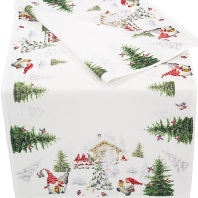 Tischläufer Weihnachten 40x90 Wichtel Schnee Tischdecke Weihnachtstischdecke