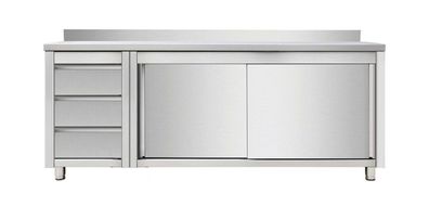 Arbeitsschrank mit Schiebetüren und Schubladenblock links, mit Aufkantung, 2000 X