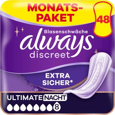 Always Discreet Plus Ultimate Night Incontinence Pads, 48 Pads (4 x 12 Pads)for Women