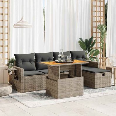 vidaXL 6-tlg. Garten-Sofagarnitur mit Kissen Grau Poly Rattan Akazie