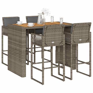 vidaXL 5-tlg. Gartenbar-Set mit Kissen Grau Poly Rattan Akazie