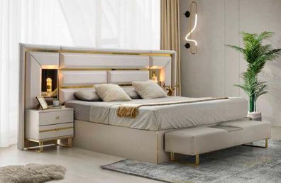 Schlafzimmer-Set 3Tlg Bett Mit 2X Nachttische Weiß Gold Zweifarbig Modern