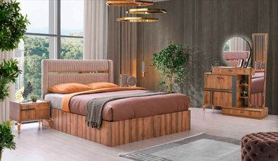Braun-Rosa Schlafzimmer Set Designer Textilbett Schminktisch Spigel 4Tlg