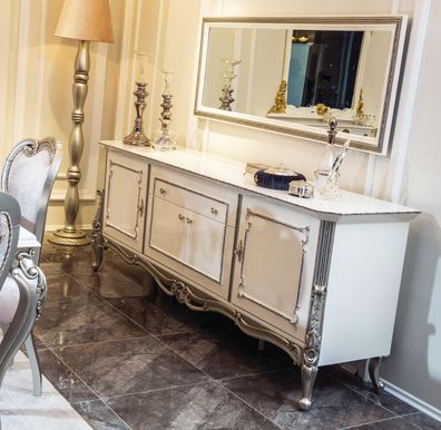 Sideboard Weiß Silber Anrichte Konsolen Kommode Italienischer Stil 2Tlg. Spiegel