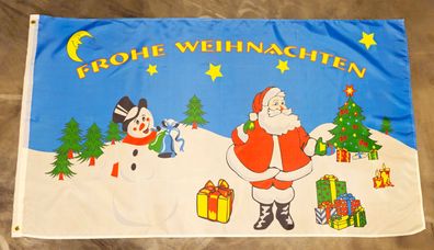 Fahne Flagge Frohe Weihnachten Blau Schneemann - 90 x 150 cm