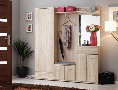 Garderobenset AR3, mi Panel, Kleiderschrank, Spiegel, Schrank, Sitzkissen und Kommode