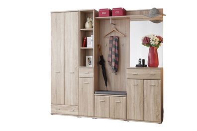 Garderobenset AR4, mit Panel, Kleiderschrank, Regale, Spiegel, Schrank, Sitzkissen