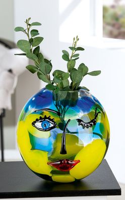 Casablanca Glasart, Gesichtsvase, Kugel, "Novento", Gesichtsmotiv, Glas, blau,