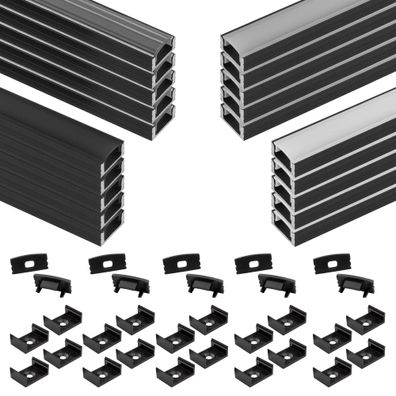 5x A17 LED Profil 2m - Schwarz inkl. Abdeckung, Halter & Endkappen