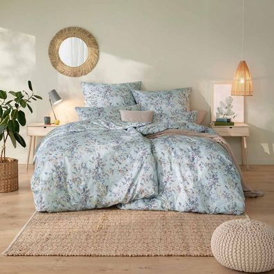 Estella Mako-Satin Bettwäsche 135x200 Delizia mint Blätter Tupfen bunt 7951-520