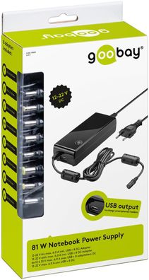 goobay - 90W Notebook-Netzteil inkl. 1x USB- und 8x DC-Adapter, 12 V - 22 V bis