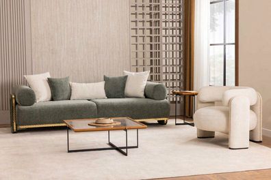 Weiß-Grüne Designer Wohnzimmer Sitzgarnitur 3-Sitzer Sessel 2Tlg Set