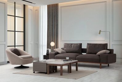 Braun-Beige Wohnzimmer Sitzgarnitur Designer 3-Sitzer Sessel Couchtisch