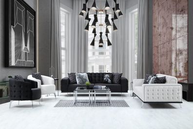 Schwarz-Weiße Chesterfield Wohnzimmer Couchgarnitur 2X Dreisitzer Sessel