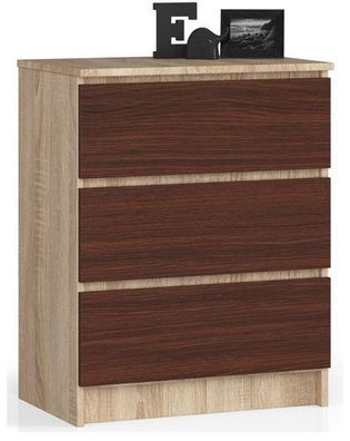 Kommode AKORD K60 Sonoma-Eiche 60 cm 3 Schubladen Front Wenge B60 x H77 x T40 cm