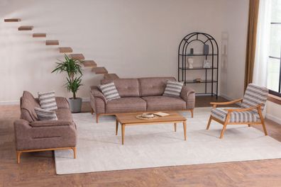 Hellbraune Wohnzimmer Sitzgarnitur Luxuriöse 2X Polster 3-Sitzer Sessel