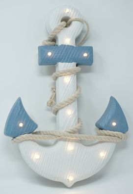 Shabby Dekoration Holzanker blau/weiss mit Seil LED Beleuchtung 12 LEDs Anker