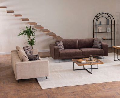 Wohnzimmer Braun-Beige Couchgarnitur Moderne Sofas 2X Dreisitzer Möbel