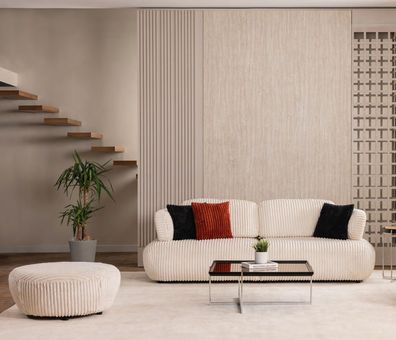 Designer Weißer Dreisitzer Luxuriöser Rundhocker Wohnzimmer 2Tlg Garnitur