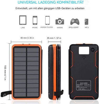 20000mAh Solar Powerbank, wasserdicht, 2 USB-Anschlüsse