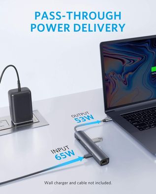 USB-C-Hub, 6-in-1 Adapter mit Ethernet, 65W Stromversorgung und 4K HDMI