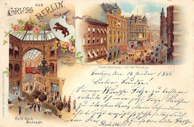 Gruß aus Berlin Friedchrichstraße, Cafe Keck Passage Litho Postkarte 1899