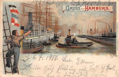 Gruss aus Hamburg Dampfer, chiffe Litho Postkarte 1900