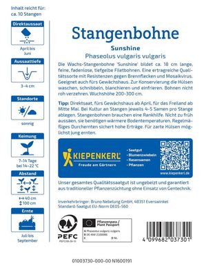 Stangenbohne Sunshine, resistente schnell reifende Filet-Wachsbohne mit