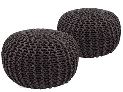 Sitzhocker Pouf SET 2 Stück Ø 55 cm H 37 cm Strickhocker Grobstrick-Optik schwarz