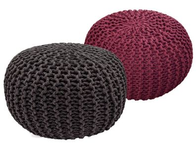 Sitzhocker Pouf SET 2 Stück Ø 55 cm H 37 cm Strickhocker Grobstrick-Optik schwarz rot