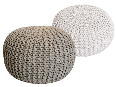 Sitzhocker Pouf SET 2 Stück Ø 55 cm H 37 cm Strickhocker Grobstrick-Optik braun weiss