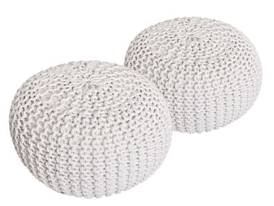 Sitzhocker Pouf SET 2 Stück Ø 55 cm H 37 cm Strickhocker Grobstrick-Optik weiss weiss