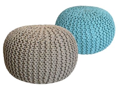 Sitzhocker Pouf SET 2 Stück Ø 55 cm H 37 cm Strickhocker Grobstrick-Optik braun blau