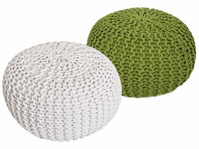 Sitzhocker Pouf SET 2 Stück Ø 55 cm H 37 cm Strickhocker Grobstrick-Optik weiss grün