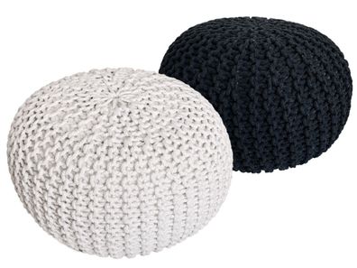 Sitzhocker Pouf SET 2 Stück H 37 cm Strickhocker Grobstrick-Optik schwarz weiss