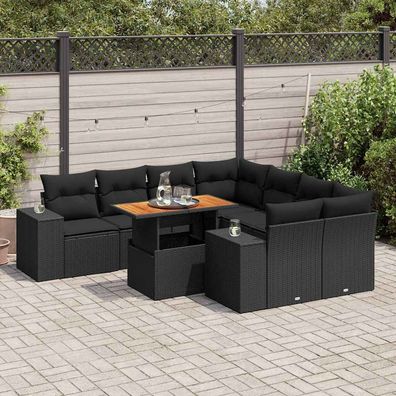 vidaXL 9-tlg. Garten-Sofagarnitur mit Kissen Schwarz Poly Rattan