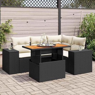 vidaXL 5-tlg. Garten-Sofagarnitur mit Kissen Schwarz Poly Rattan