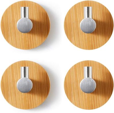 Holz Bambus Wandhaken, 4pcs Selbstklebend Haken Klebehaken Holz Edelstahl & Bambus Ba