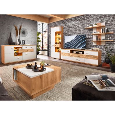 Wohnzimmer Valente 43 lichtgrau matt 5-teilig Vitrine Sideboard LED