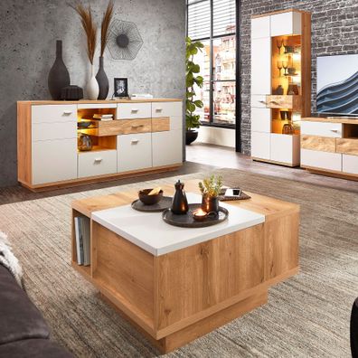 Wohnzimmer Valente 45 lichtgrau matt 3-teilig Vitrine Sideboard LED